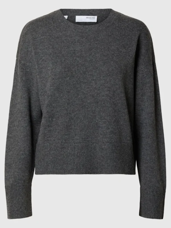 Strik>SELECTED LOOSE FIT SWEATER MED RUND HALS Grey