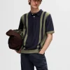 Poloer | Strik>SELECTED MED FARVEBLOKKE STRIKKET POLOSHIRT Blue