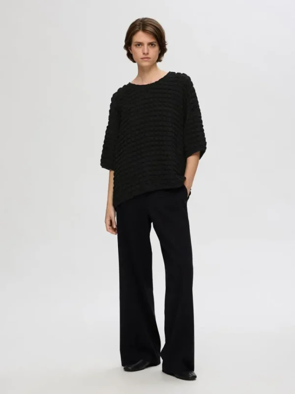 Toppe Og Bluser>SELECTED MED TEKSTUR TOP MED 3/4-ÆRMER Black