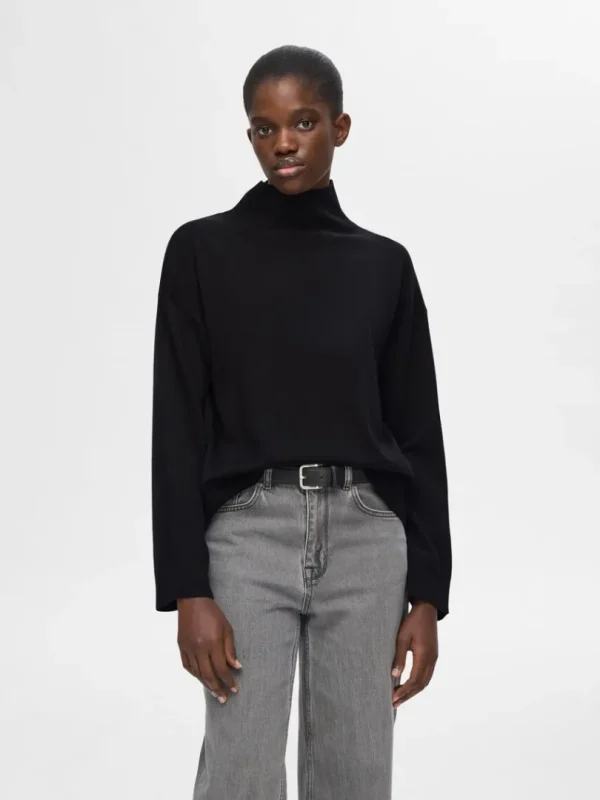 Strik>SELECTED 100% MERINOULD HØJHALSET TRØJE Black