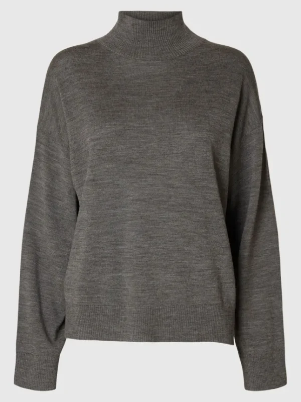 Strik>SELECTED 100% MERINOULD HØJHALSET TRØJE Grey