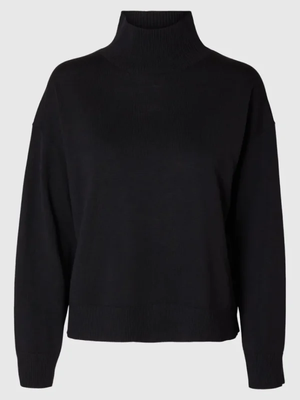 Strik>SELECTED 100% MERINOULD HØJHALSET TRØJE Black