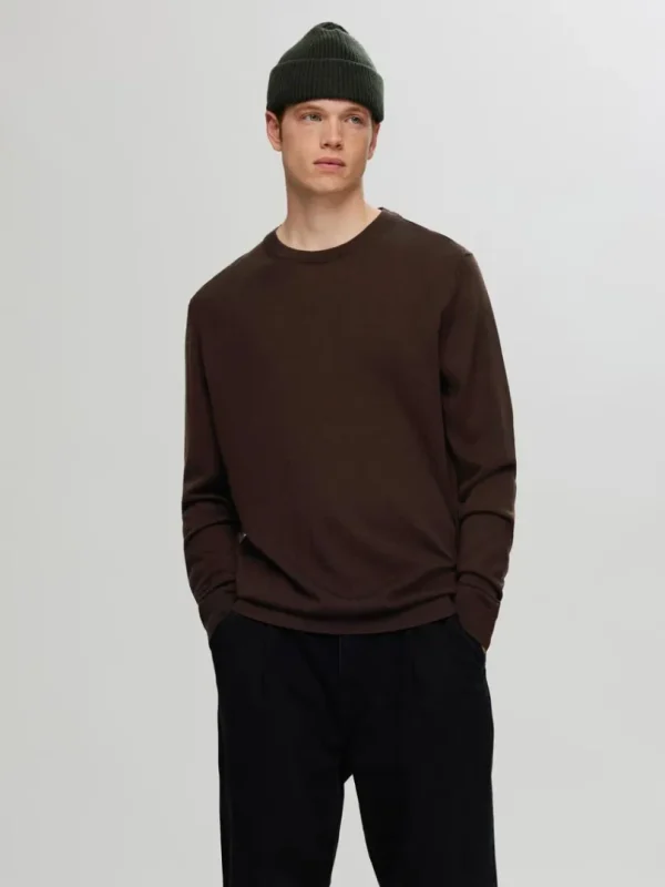Strik>SELECTED 100% MERINOULD SWEATER MED RUND HALS Brown