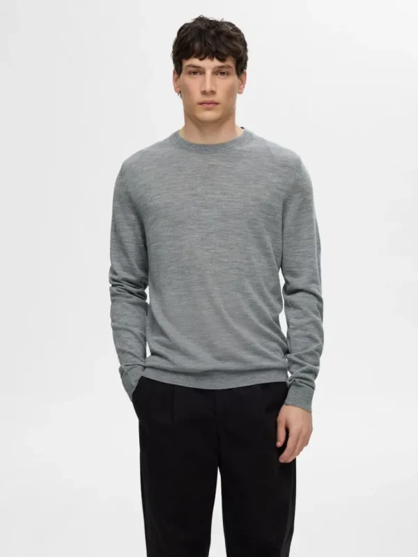 Strik>SELECTED 100% MERINOULD SWEATER MED RUND HALS Grey