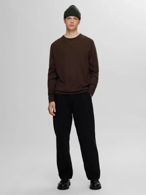 Strik>SELECTED 100% MERINOULD SWEATER MED RUND HALS Brown