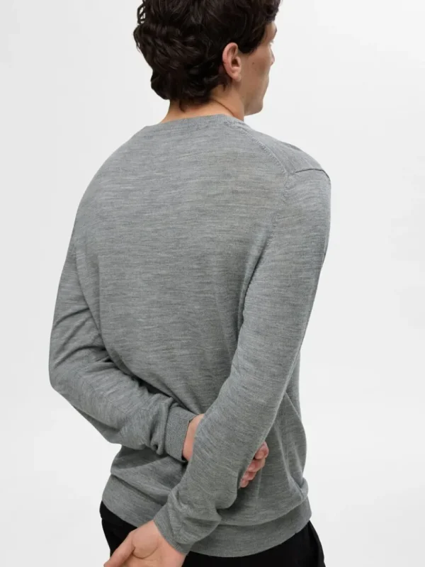 Strik>SELECTED 100% MERINOULD SWEATER MED RUND HALS Grey