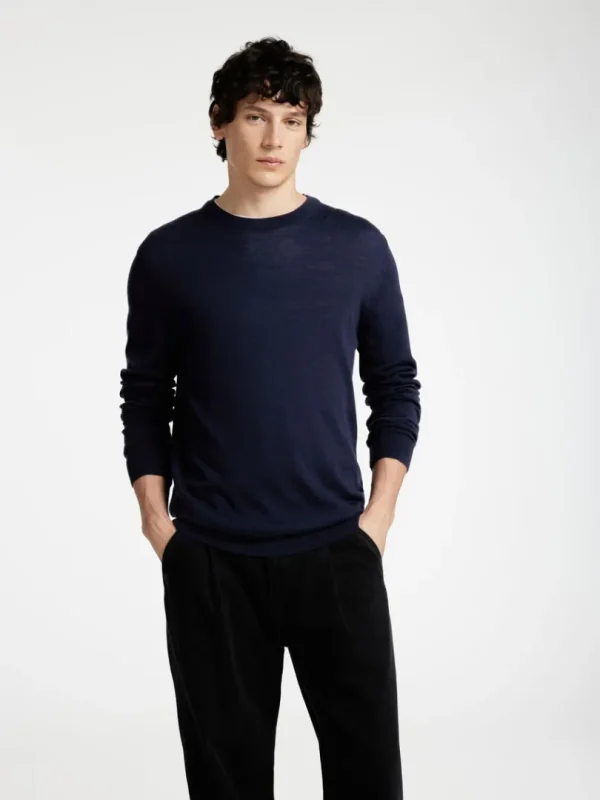 Strik>SELECTED 100% MERINOULD SWEATER MED RUND HALS Blue