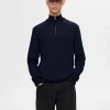Strik>SELECTED 100% MERINOULD TRØJE MED HALV LYNLÅS Blue