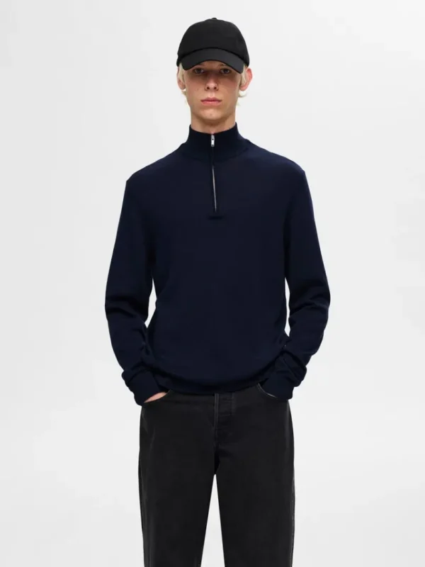 Strik>SELECTED 100% MERINOULD TRØJE MED HALV LYNLÅS Blue