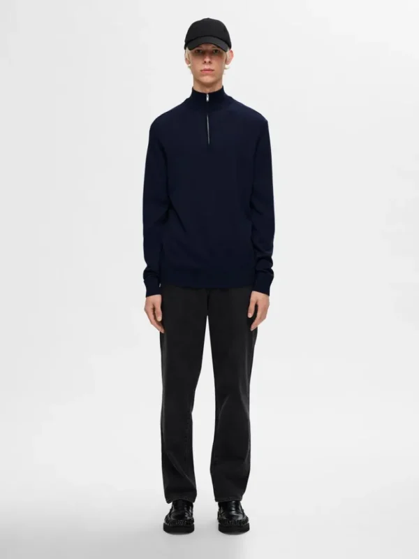 Strik>SELECTED 100% MERINOULD TRØJE MED HALV LYNLÅS Blue