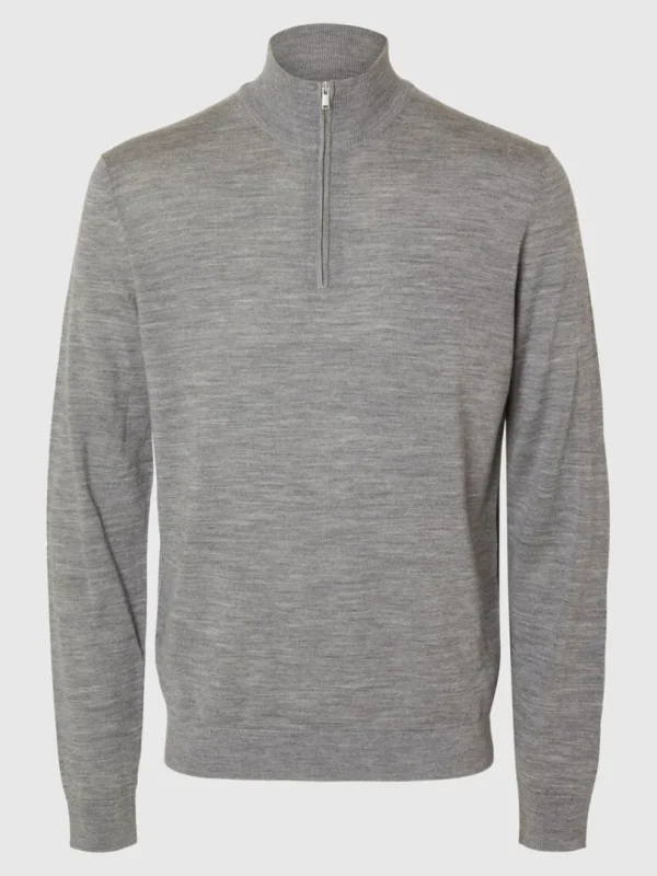 Strik>SELECTED 100% MERINOULD TRØJE MED HALV LYNLÅS Grey