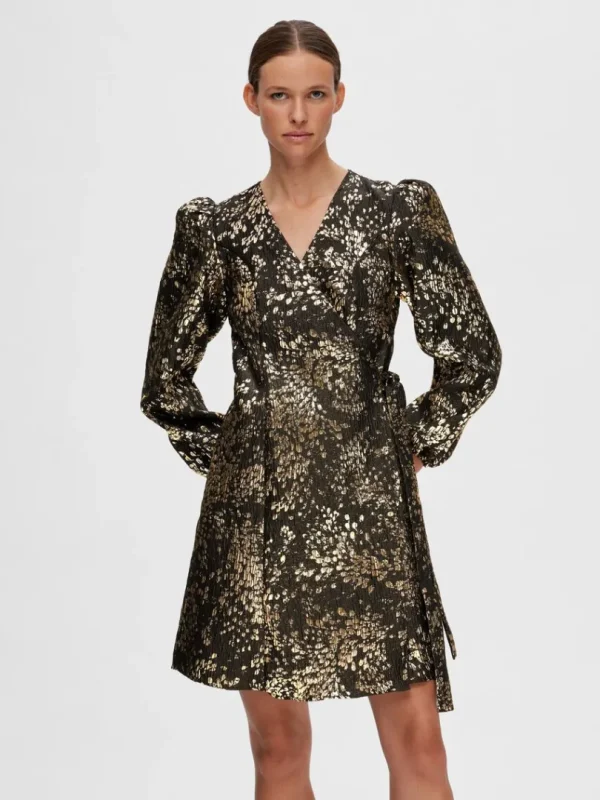 Kjoler>SELECTED METALFARVET JACQUARD KORT KJOLE Gold