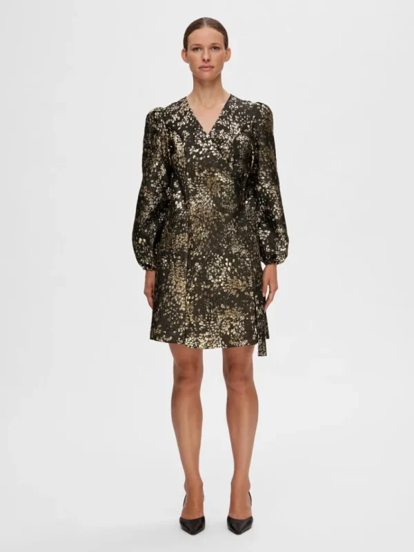Kjoler>SELECTED METALFARVET JACQUARD KORT KJOLE Gold