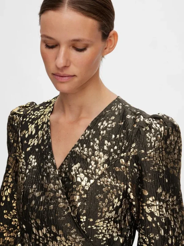 Kjoler>SELECTED METALFARVET JACQUARD KORT KJOLE Gold