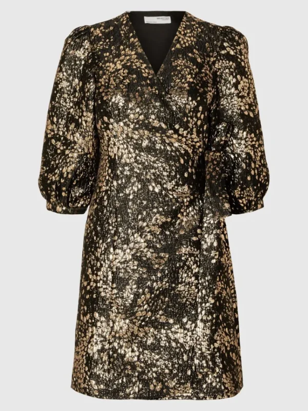 Kjoler>SELECTED METALFARVET JACQUARD KORT KJOLE Gold