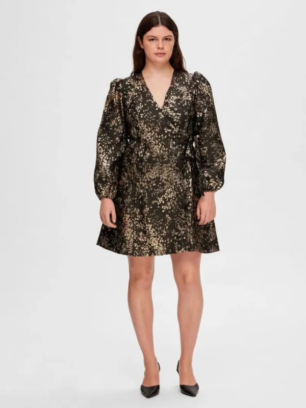 Kjoler>SELECTED METALFARVET JACQUARD KORT KJOLE Gold