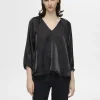 Toppe Og Bluser>SELECTED METALLISK BLUSE MED V-HALS Black