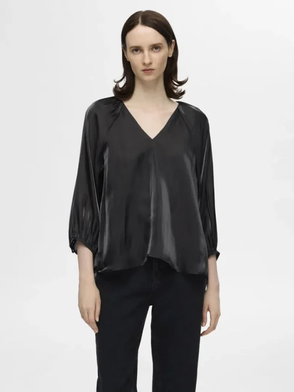 Toppe Og Bluser>SELECTED METALLISK BLUSE MED V-HALS Black