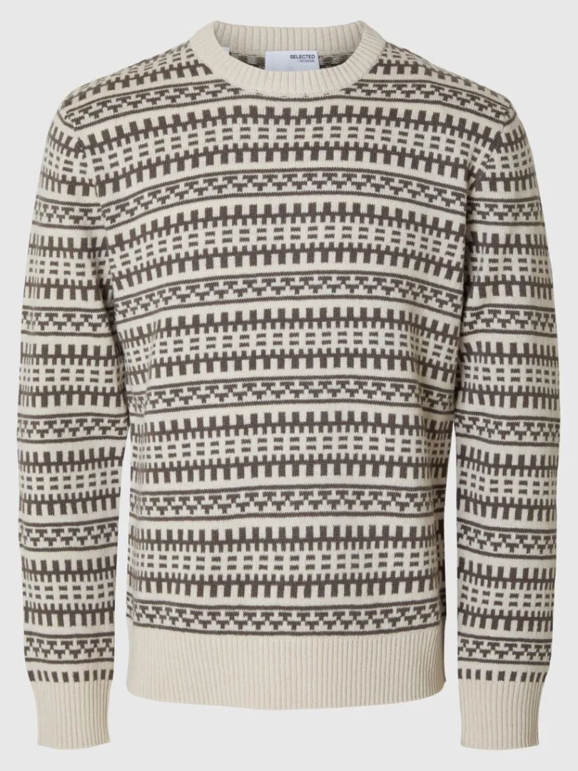 mnstret_sweater_med_rund__0.webp Strik>SELECTED MØNSTRET SWEATER MED RUND HALS Beige