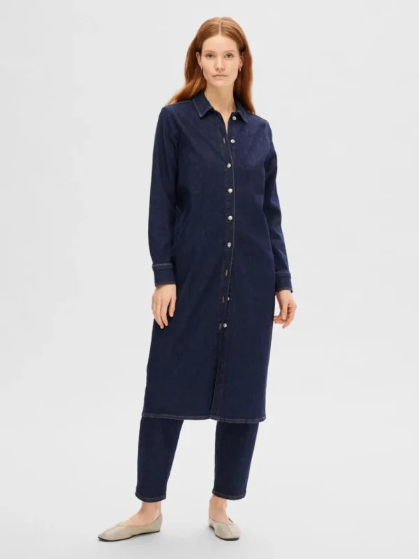 Kjoler>SELECTED MØRKEBLÅ DENIM MIDIKJOLE Blue