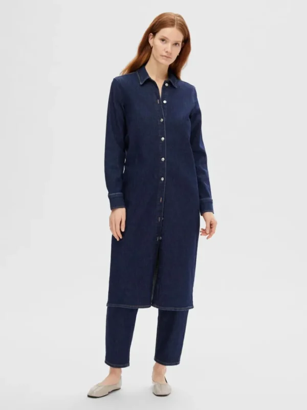 Kjoler>SELECTED MØRKEBLÅ DENIM MIDIKJOLE Blue