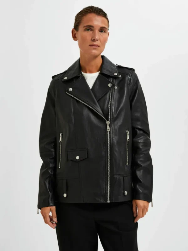Overtøj>SELECTED OVERSIZED LÆDERJAKKE Black