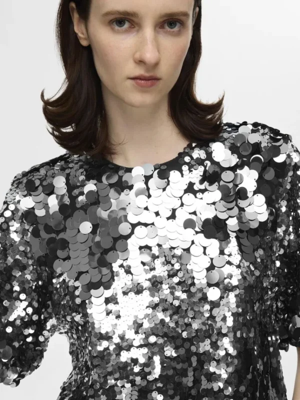 Toppe Og Bluser>SELECTED PAILLETTER KORT TOP Silver