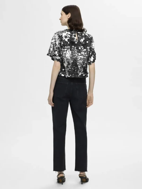 Toppe Og Bluser>SELECTED PAILLETTER KORT TOP Silver