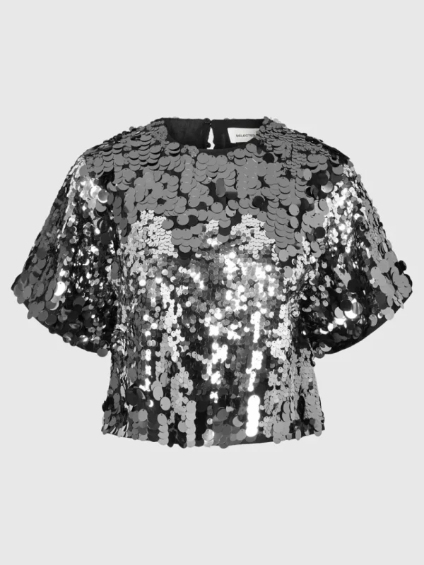 Toppe Og Bluser>SELECTED PAILLETTER KORT TOP Silver