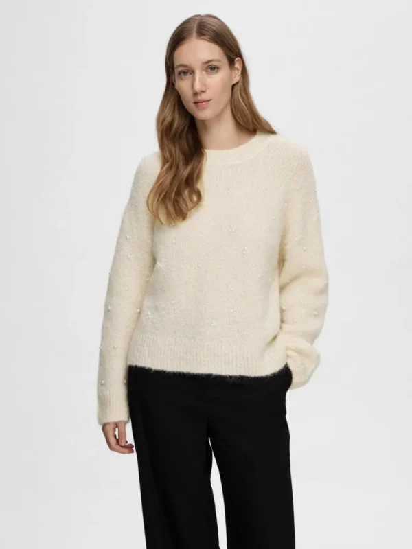 Strik>SELECTED PERLEDETALJE STRIKTRØJE Beige