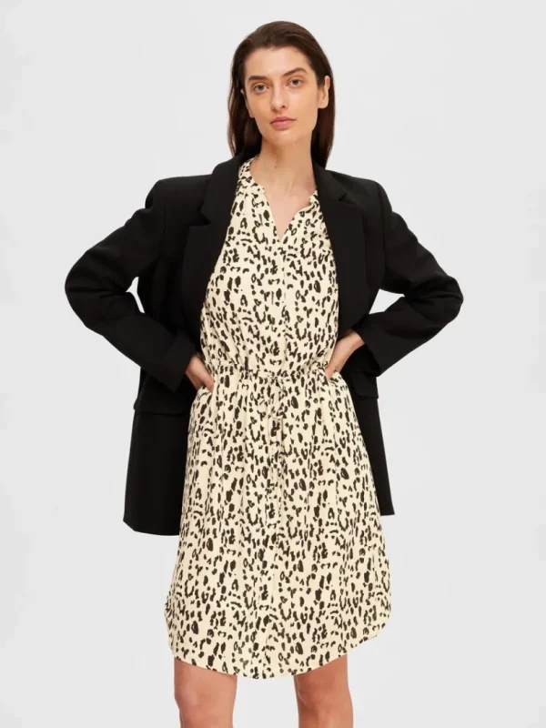 Kjoler>SELECTED PRINTET KORT KJOLE Beige