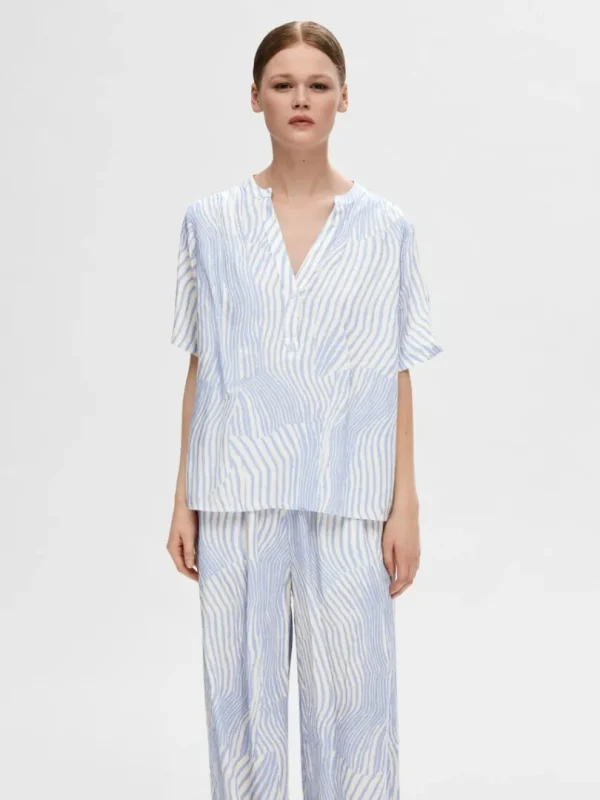 Toppe Og Bluser>SELECTED PRINTET TOP MED KORTE ÆRMER Blue