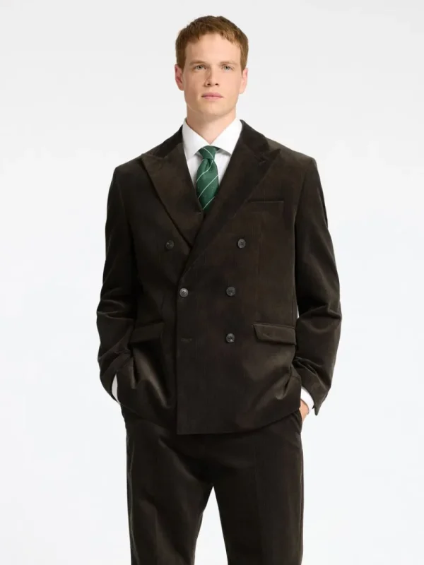 Jakkesæt & Blazers>SELECTED REGULAR FIT FLØJL DOBBELTRADET BLAZER Brown