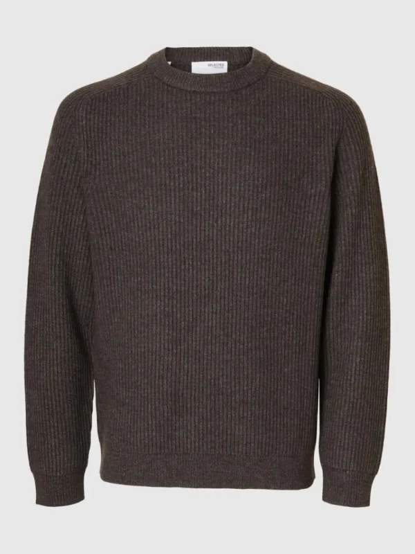Strik>SELECTED REGULAR FIT SWEATER MED RUND HALS Brown