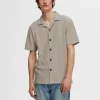 Skjorter>SELECTED RIBBET CUBAN-COLLAR KORTÆRMET SKJORTE Beige