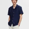 Skjorter>SELECTED RIBBET CUBAN-COLLAR KORTÆRMET SKJORTE Blue