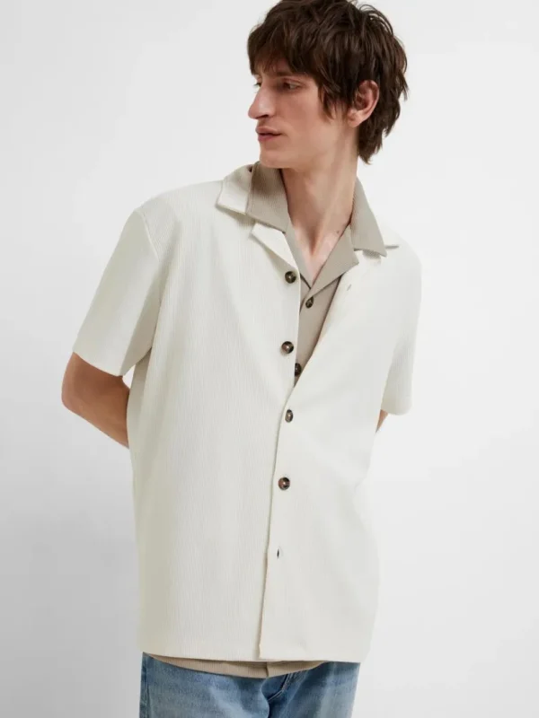 Skjorter>SELECTED RIBBET CUBAN-COLLAR KORTÆRMET SKJORTE Beige