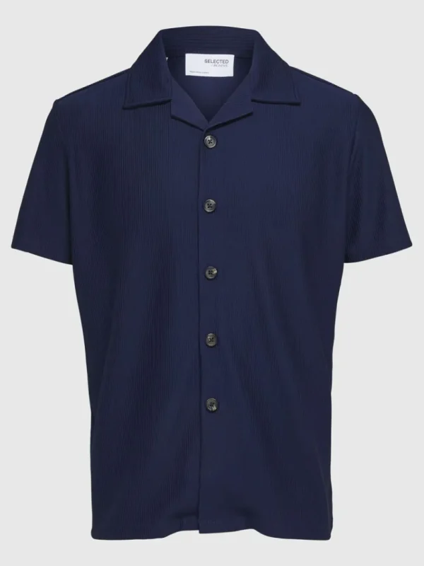 Skjorter>SELECTED RIBBET CUBAN-COLLAR KORTÆRMET SKJORTE Blue