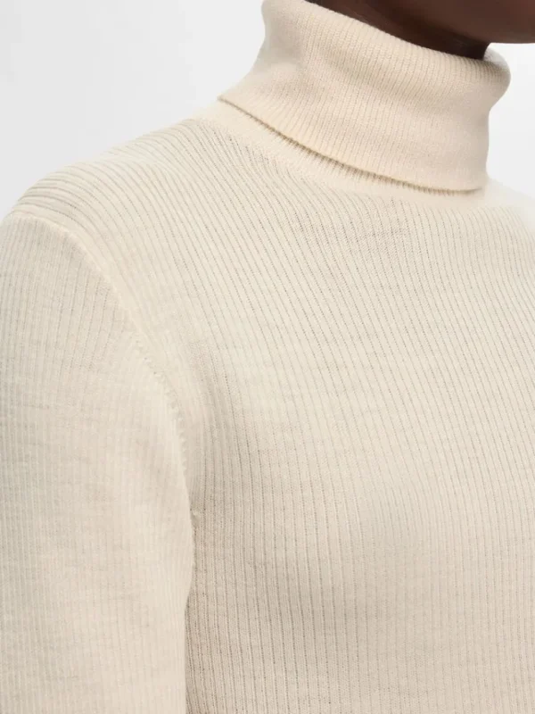 Strik>SELECTED RIBBET RULLEKRAVE Beige