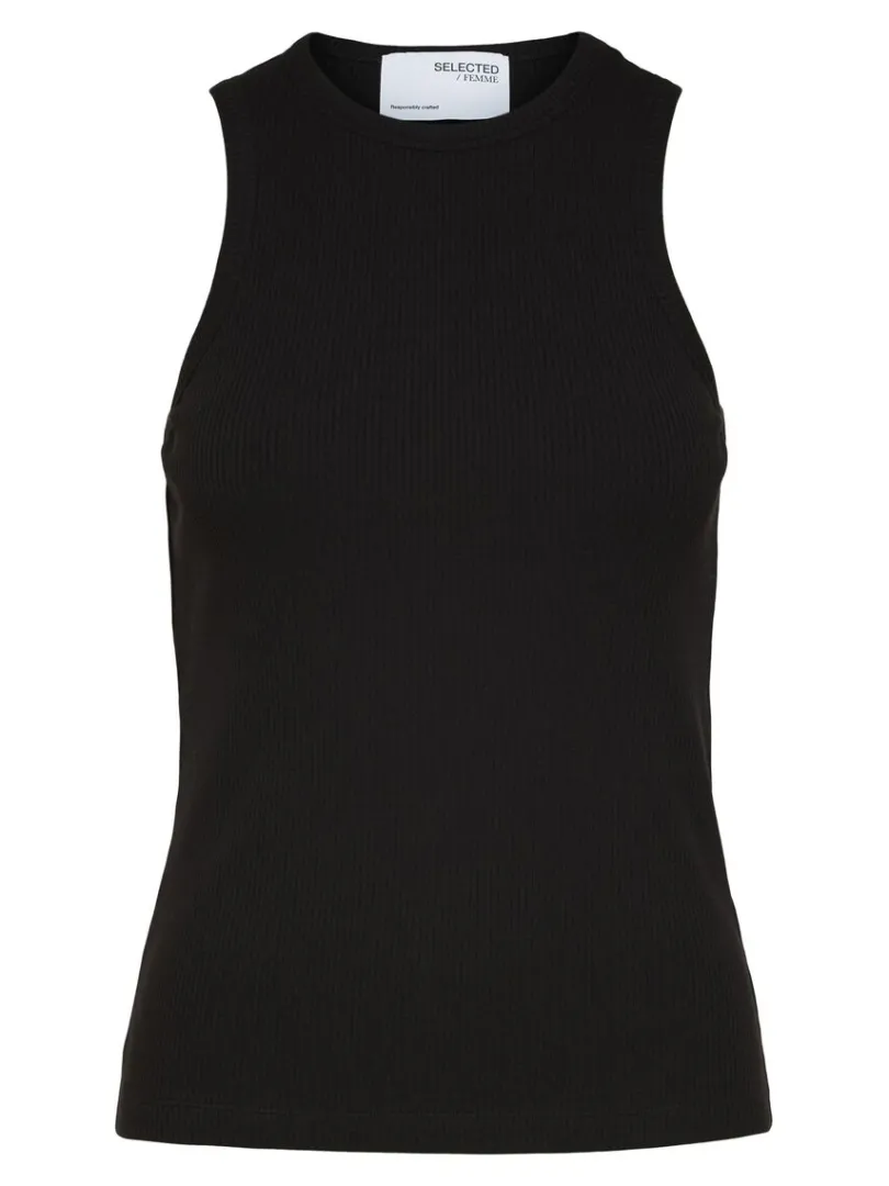 ribbet_tanktop_5-6.webp T-shirts | Toppe Og Bluser>SELECTED RIBBET TANKTOP Black