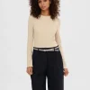 T-shirts>SELECTED RIBBET TOP MED LANGE ÆRMER Beige