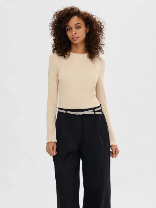 T-shirts>SELECTED RIBBET TOP MED LANGE ÆRMER Beige