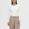 T-shirts>SELECTED RIBBET TOP MED LANGE ÆRMER White