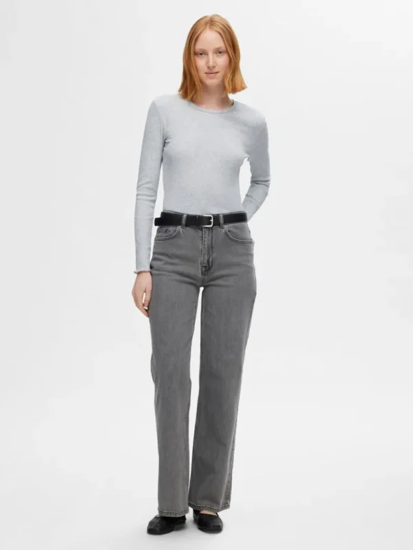 T-shirts>SELECTED RIBBET TOP MED LANGE ÆRMER Grey