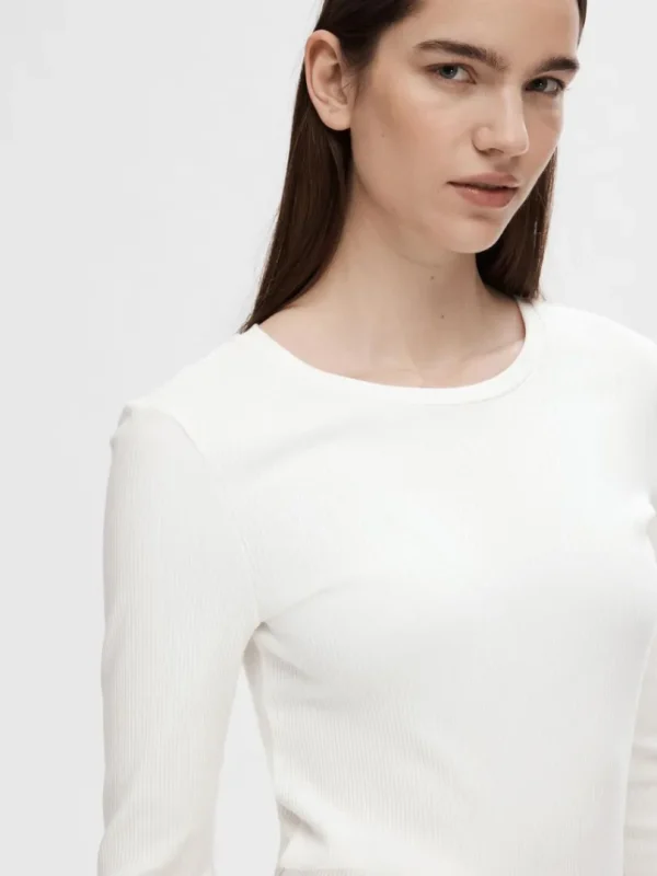 T-shirts>SELECTED RIBBET TOP MED LANGE ÆRMER White
