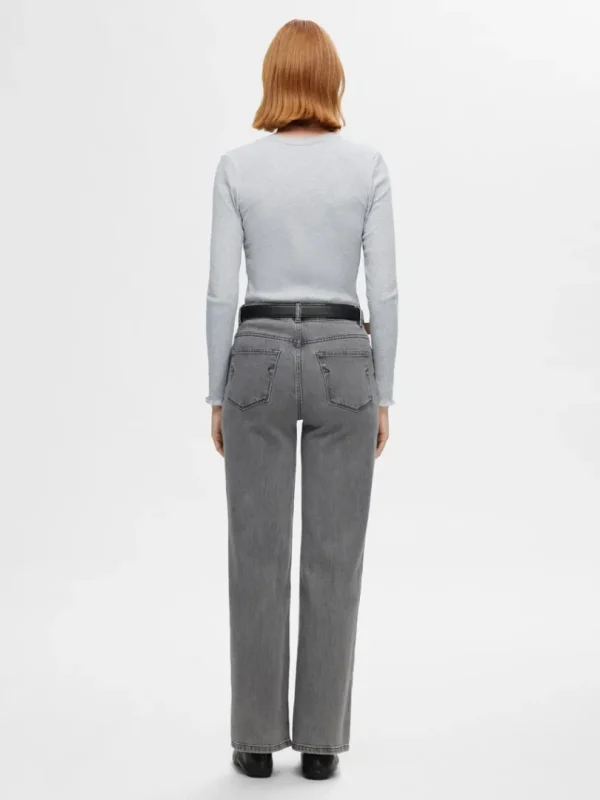 T-shirts>SELECTED RIBBET TOP MED LANGE ÆRMER Grey