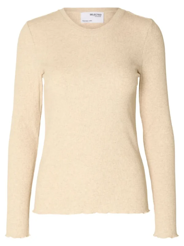 T-shirts>SELECTED RIBBET TOP MED LANGE ÆRMER Beige