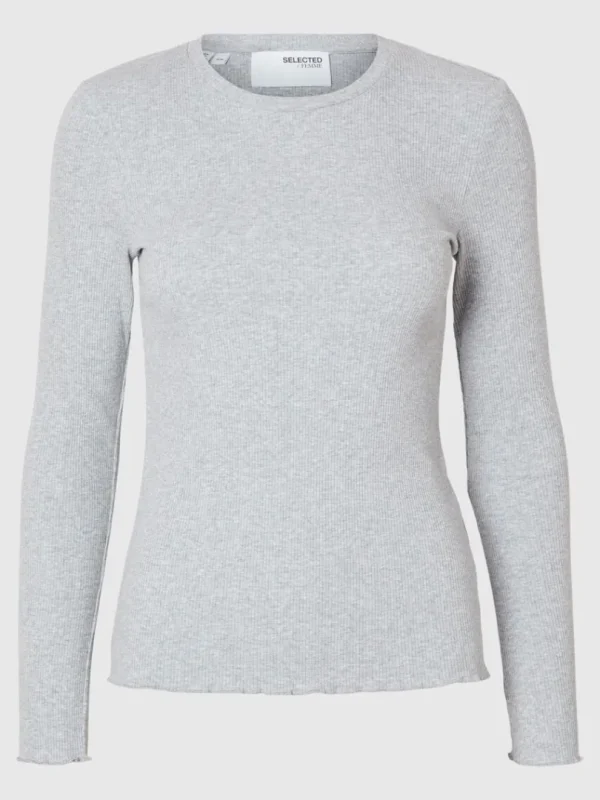 T-shirts>SELECTED RIBBET TOP MED LANGE ÆRMER Grey