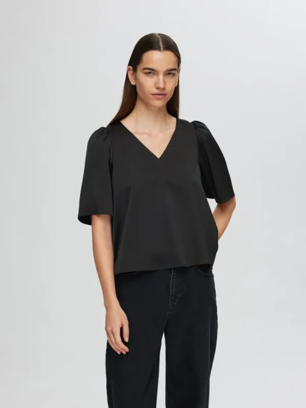 Toppe Og Bluser>SELECTED SATIN BLUSE MED 2/4-ÆRMER Black