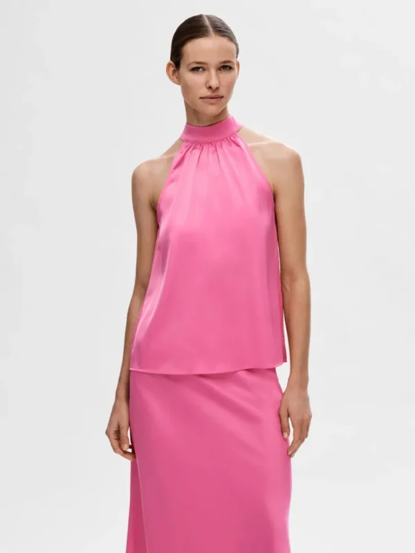 Toppe Og Bluser>SELECTED SATIN HALTERNECK TOP Pink